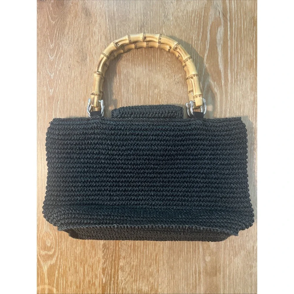 Talbots‎ Black Paper Straw Purse With Bamboo Handles